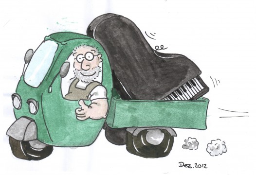 Zeichnung: Klavierdoktor unterwegs mit Flügel in der Piaggio Ape